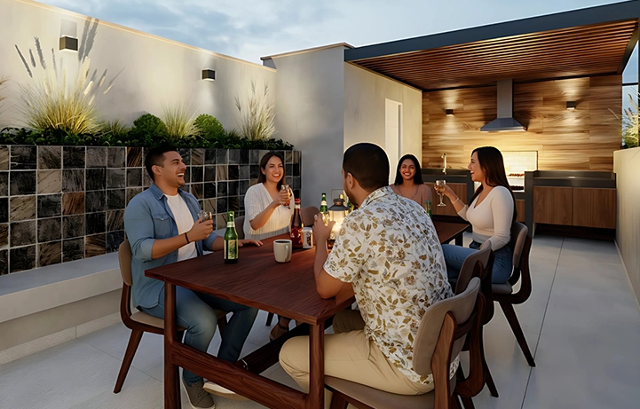 Área social de terraza con zona de parrillas y amigos en proyecto SUMA. Ideal para ti.