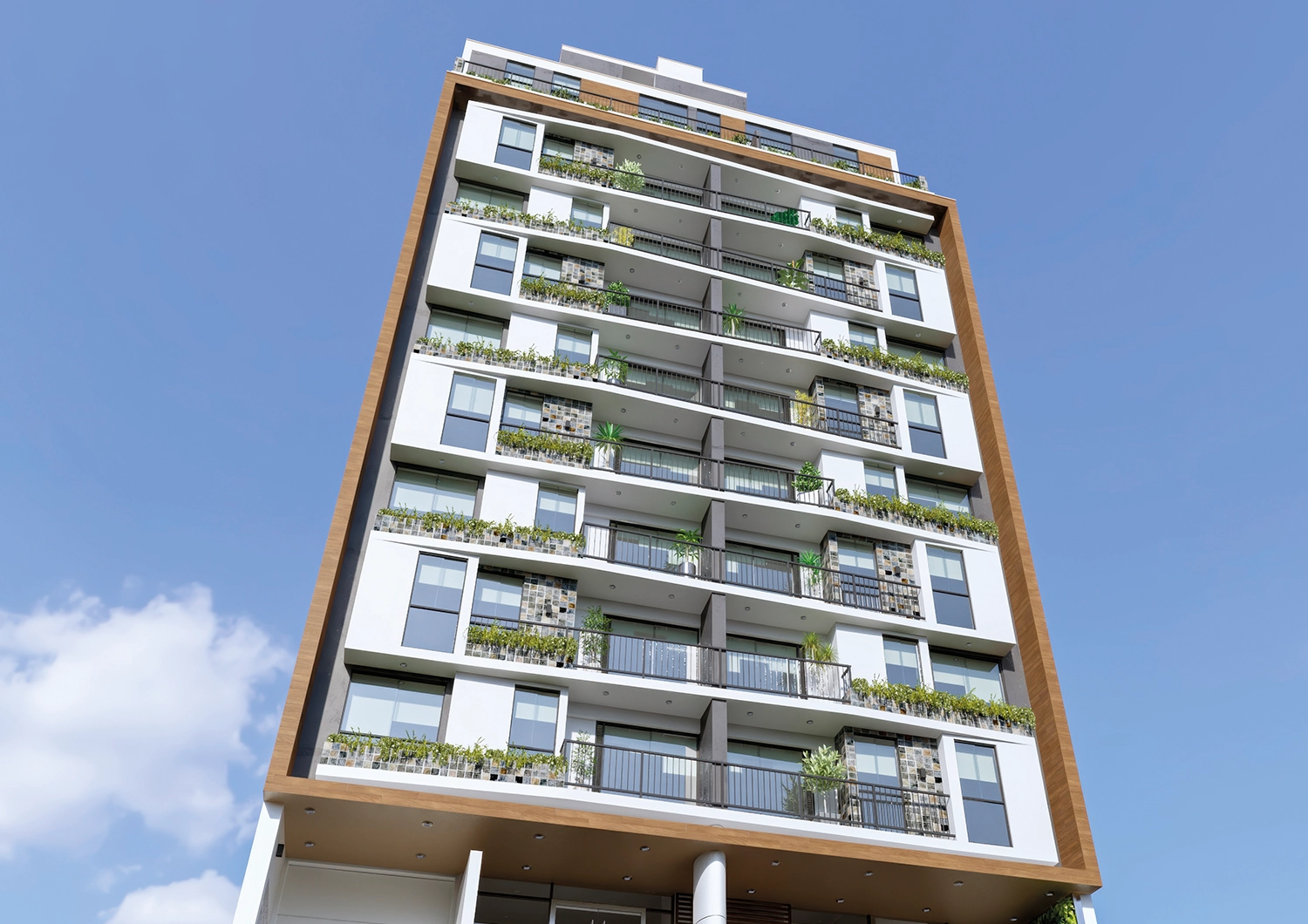 Fachada en contrapicado del proyecto SUMA. Diseño moderno de 16 pisos, ideal para tu primera vivienda a pasos de San Isidro.