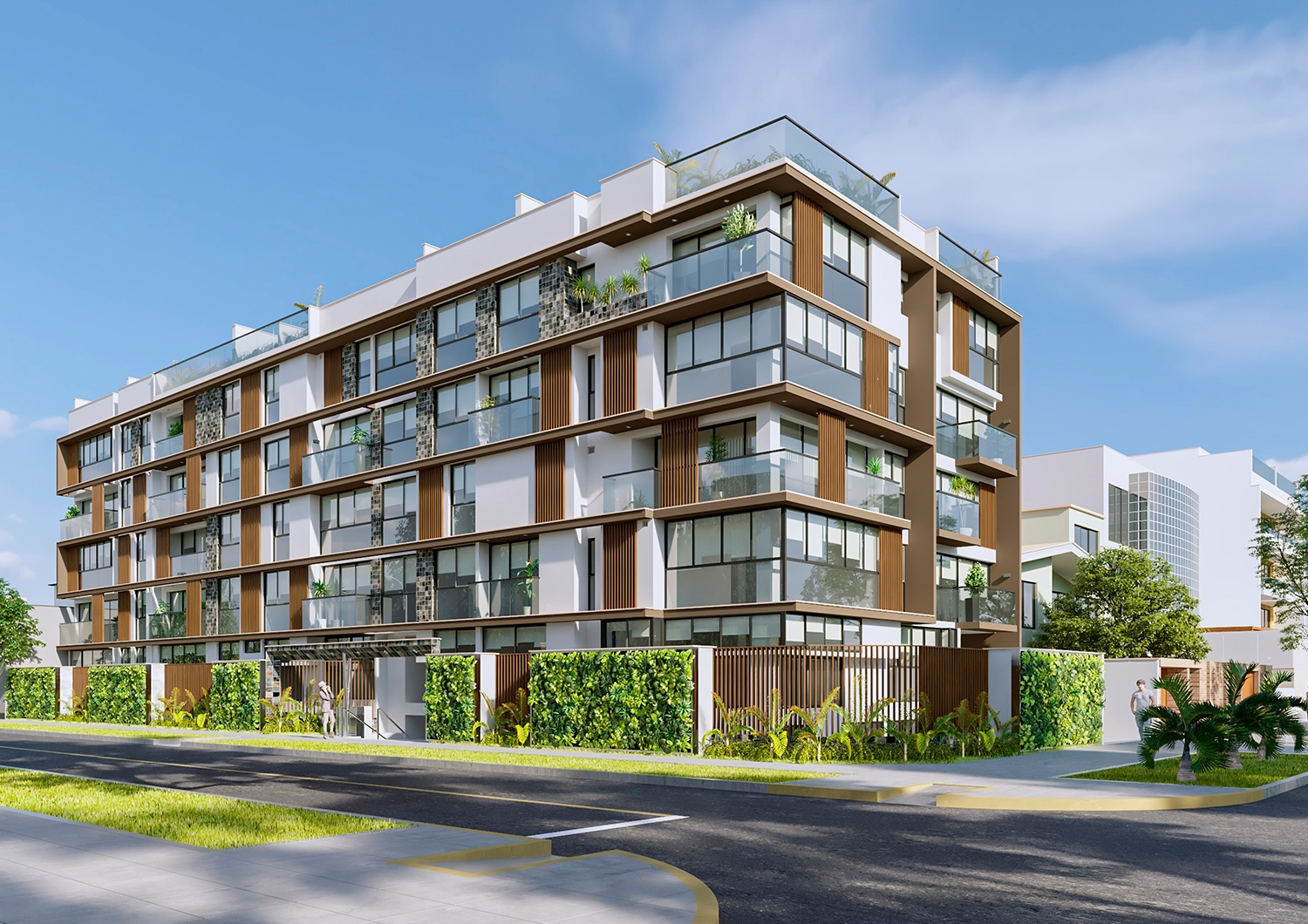 Fachada de día de Lobo en San Borja. Edificio exclusivo de 5 pisos cerca al Pentagonito y áreas verdes en Chacarilla.