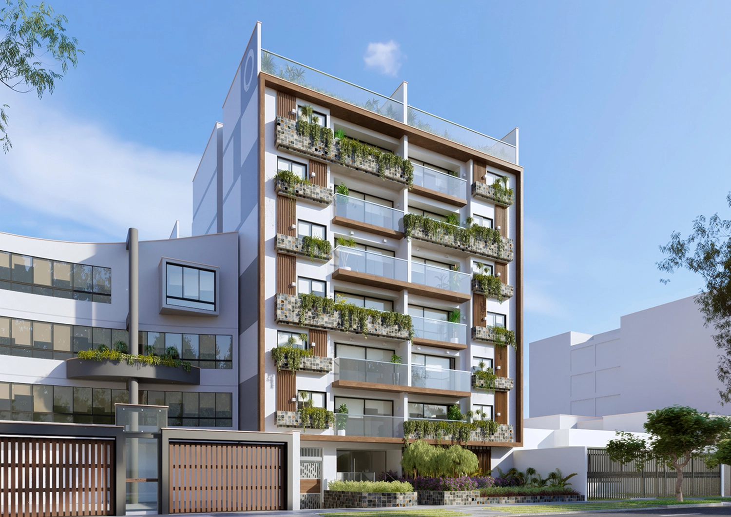 Fachada moderna de Spazio en Surco. Venta de departamentos exclusivo de 7 pisos + azotea ideal para la vida familiar de Surco.