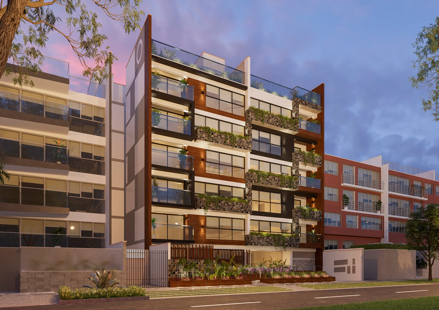 Fachada de noche iluminada de Aura Sul. Un proyecto exclusivo de 23 departamentos que irradia elegancia y confort en Chacarilla.