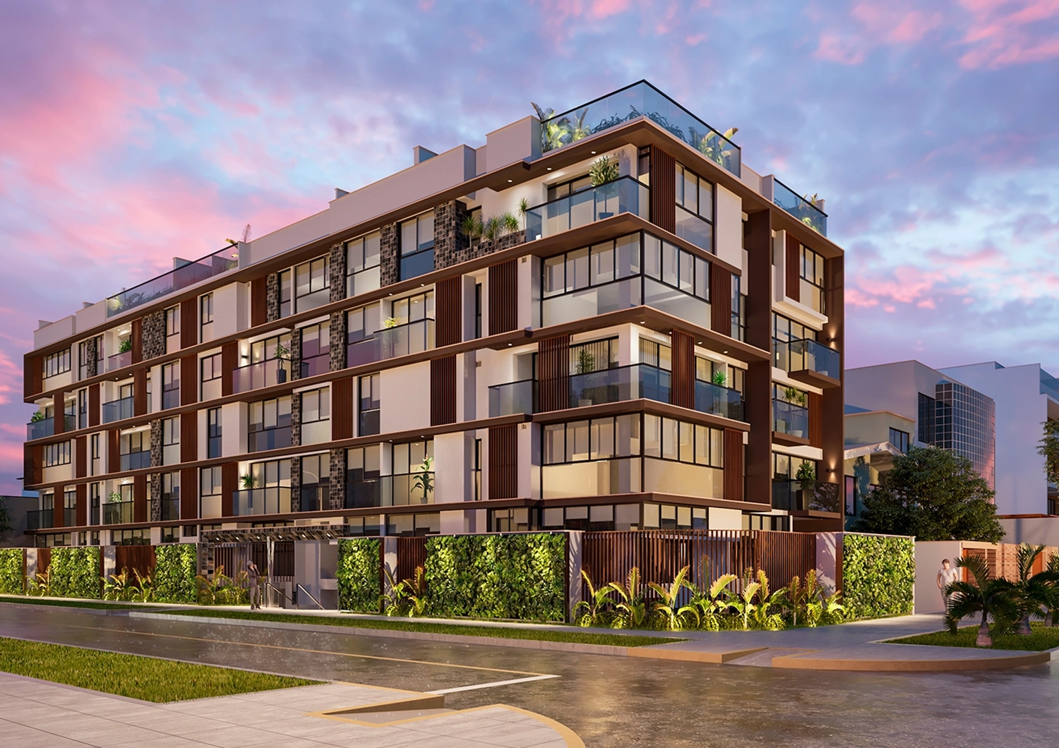 Fachada nocturna iluminada de Residencial Lobo. Departamentos con diseño moderno y exclusivo en San Borja.