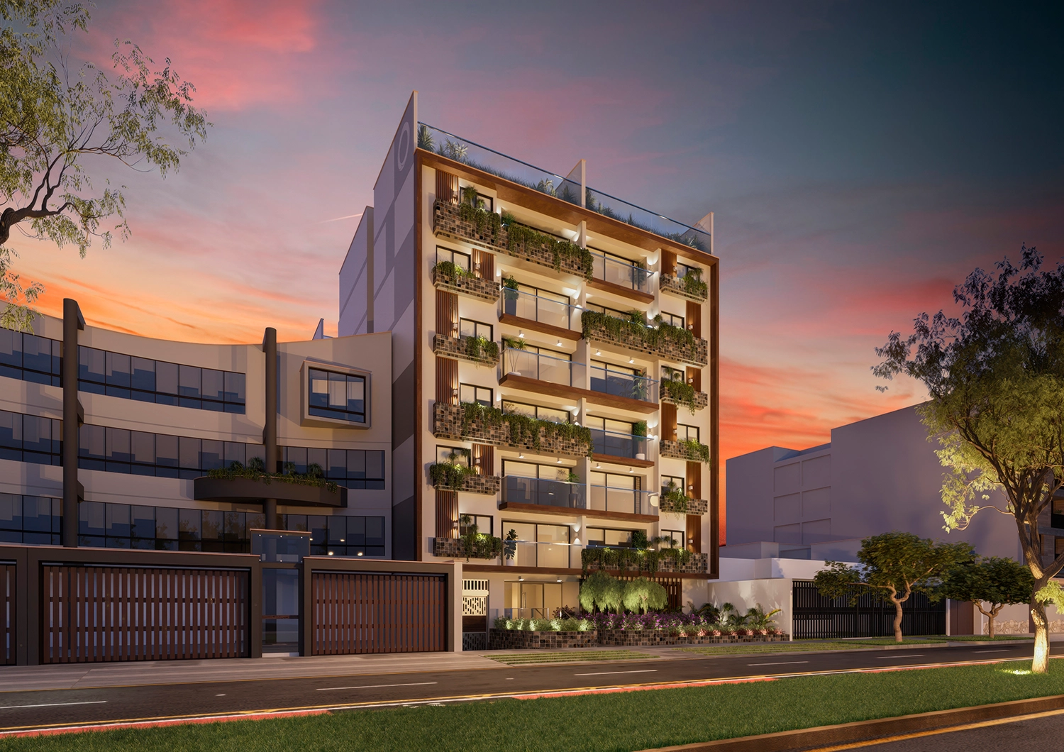 Fachada nocturna de Spazio Residencial. Edificio exclusivo de 7 pisos + azotea ideal para la vida familiar de Surco.