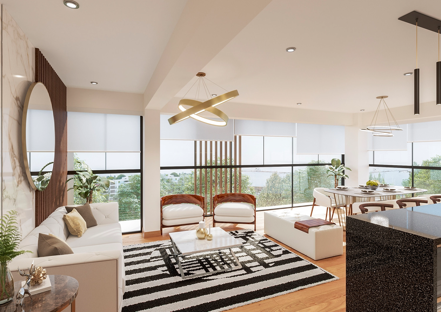 Sala comedor amplia con acabados finos y excelente iluminación natural en Residencial Lobo, San Borja.