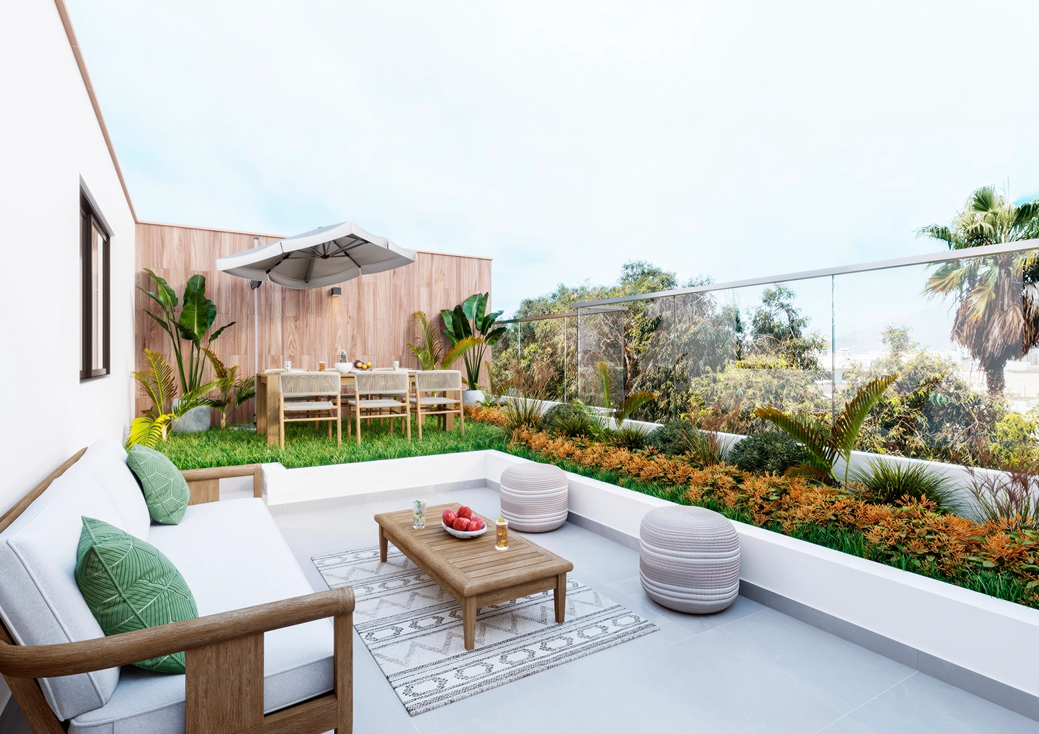 Terraza de dúplex en Aura Sul. Espacio al aire libre con área verde y zona de comedor para entretenimiento exclusivo.